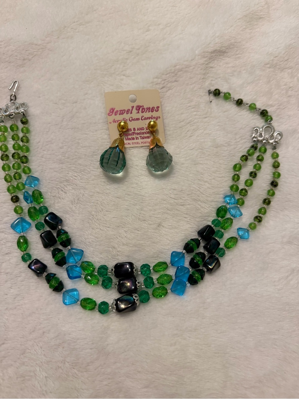 Green & Blue Beaded Statement Necklace with Teardrop Earrings